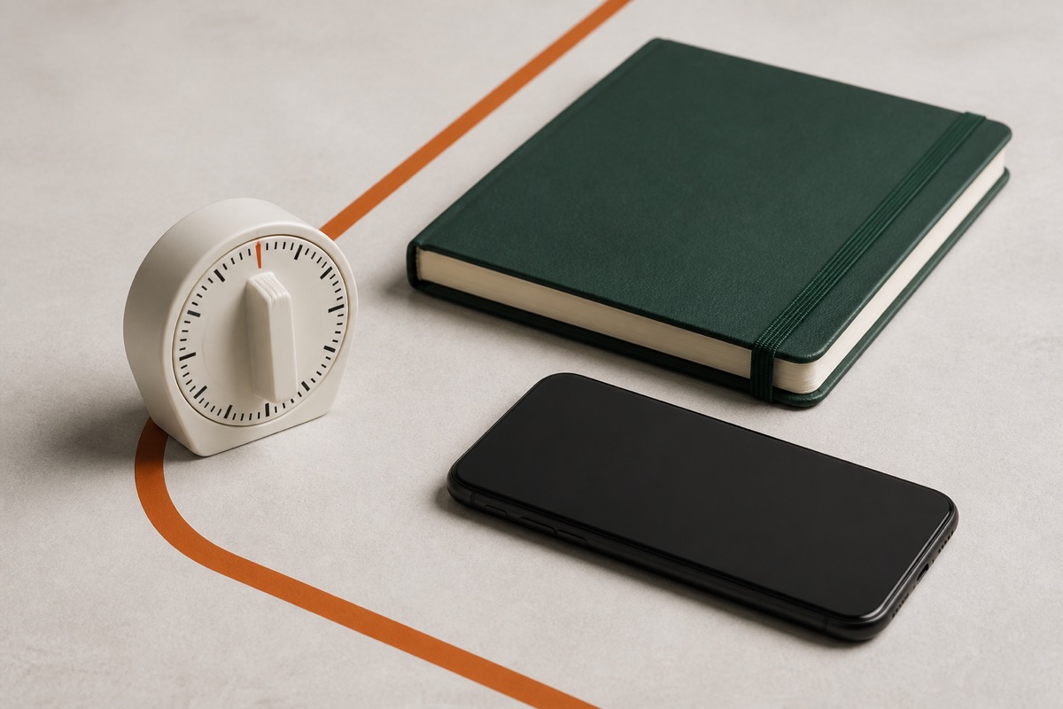 Téléphone posé à côté d’un minuteur et d’un carnet